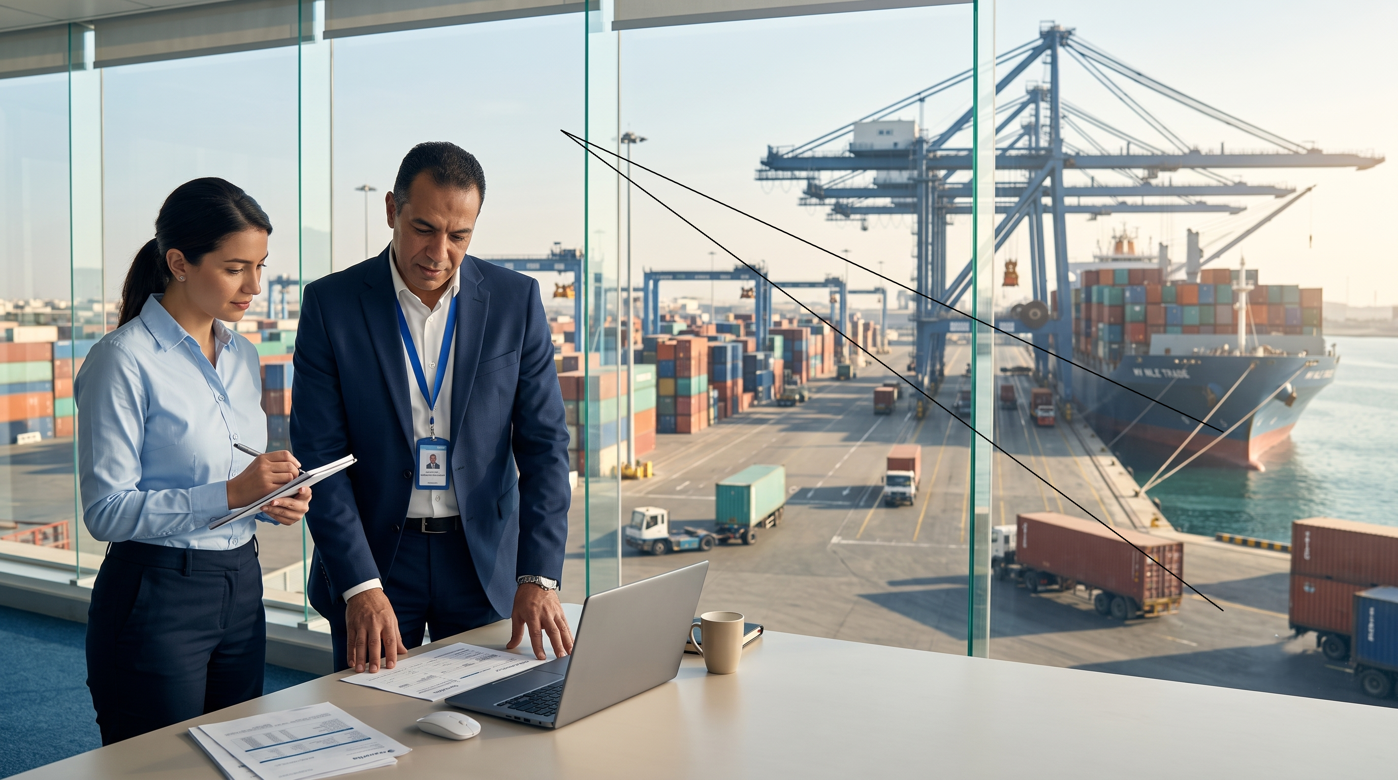 Egyptian export managers reviewing shipment documents in a port terminal office overlooking containers, cranes, and a cargo ship.